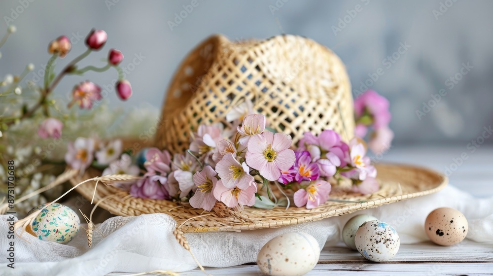Fototapeta premium Decorated Easter straw hat adorned with flowers and eggs for spring decor