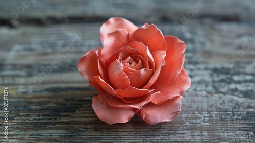 Plastic made mini rose on wood surface