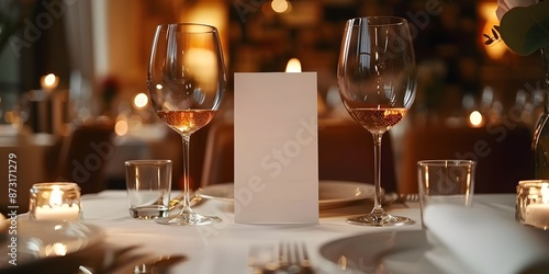 White Blank Card on Elegant Restaurant Table for Custom Menu Designs at Weddings and Special Events, Blank Card for Menu Design Surrounded by Wine Glasses and Fine Dishes in an Upscale Restaurant