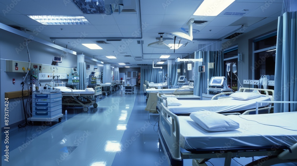 Intensive care unit with advanced medical equipment and empty hospital beds. Sterile and high-tech healthcare facility. Intensive care unit with advanced medical equipment and empty hospital beds. Sterile and high-tech healthcare facility.