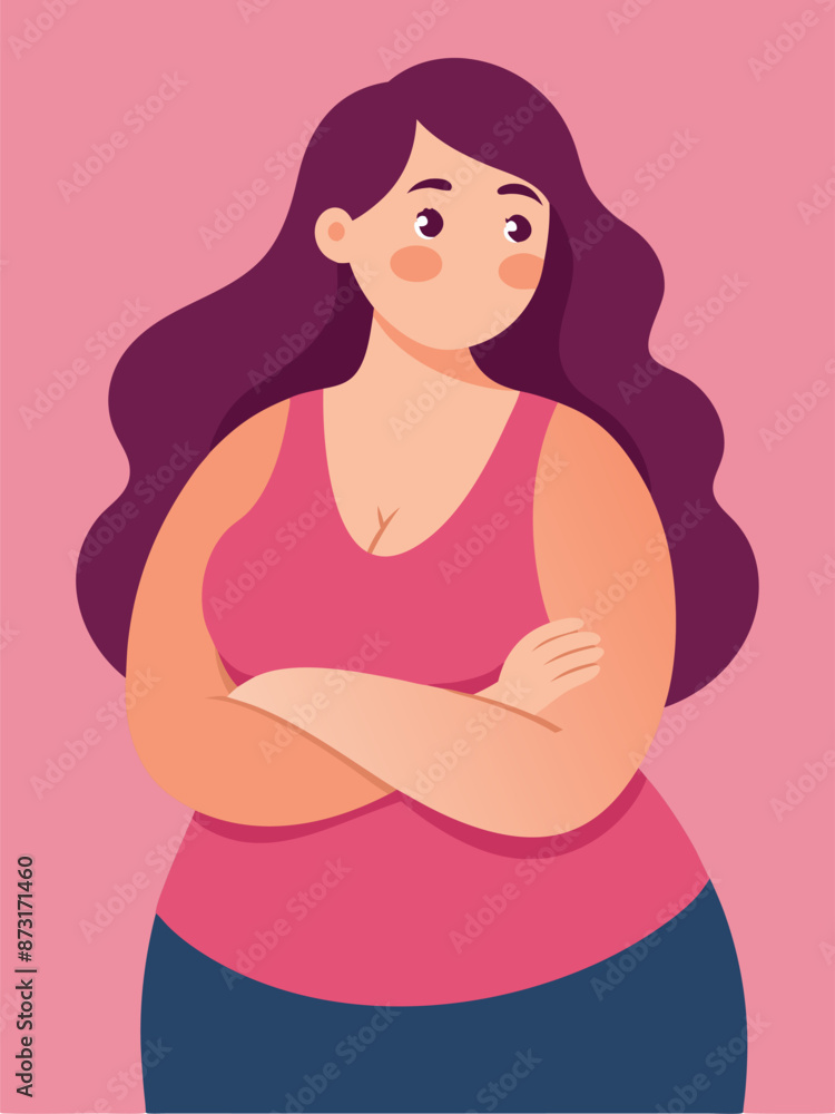 Illustration of smiling overweight woman with crossed arms, showing body parts Illustration of smiling overweight woman with crossed arms, showing body parts