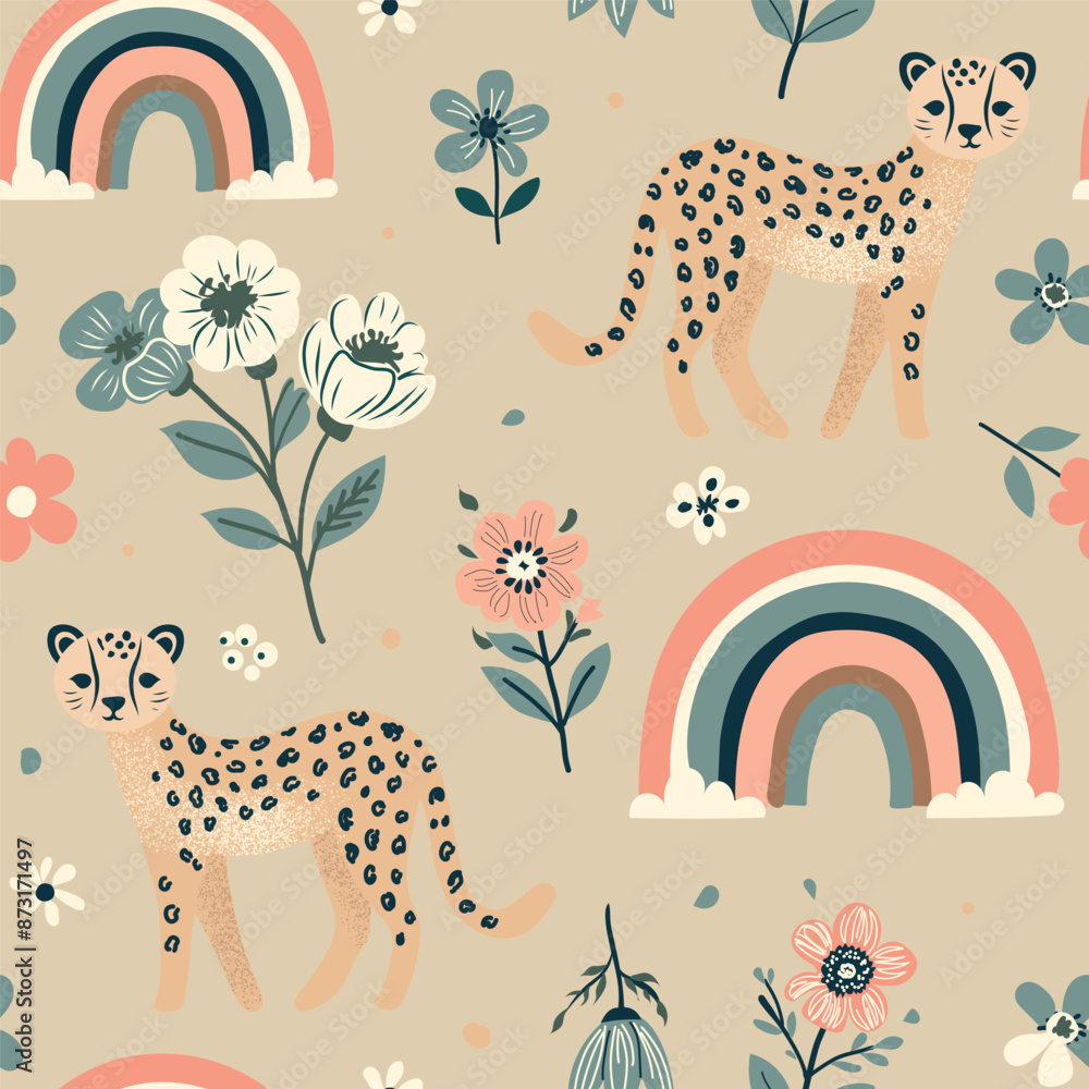 Vector seamless pattern with pastel rainbow and leopard. Vector seamless pattern with pastel rainbow and leopard.