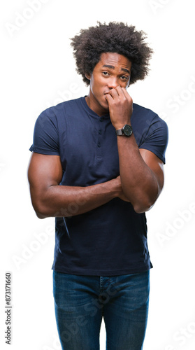 Afro american man over isolated background looking stressed and nervous with hands on mouth biting nails. Anxiety problem.