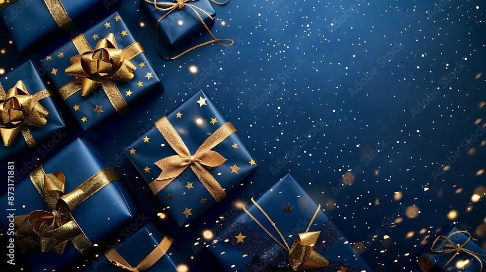 Detailed illustration of blue presents with classic golden bows, against a navy blue background with glowing white stars, elegant style Detailed illustration of blue presents with classic golden bows, against a navy blue background with glowing white stars, elegant style