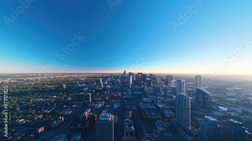 A city skyline under a clear blue afternoon sky, with shadows stretching across the urban landscape.