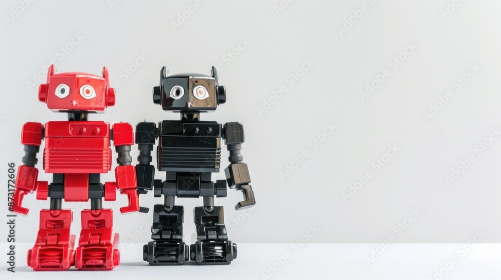 Red and black robot toys on white background with copy space for object fashion gift Red and black robot toys on white background with copy space for object fashion gift