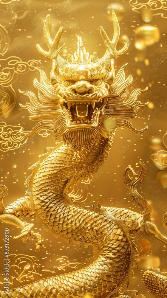 Obraz premium gold dragon, from front, golden background 