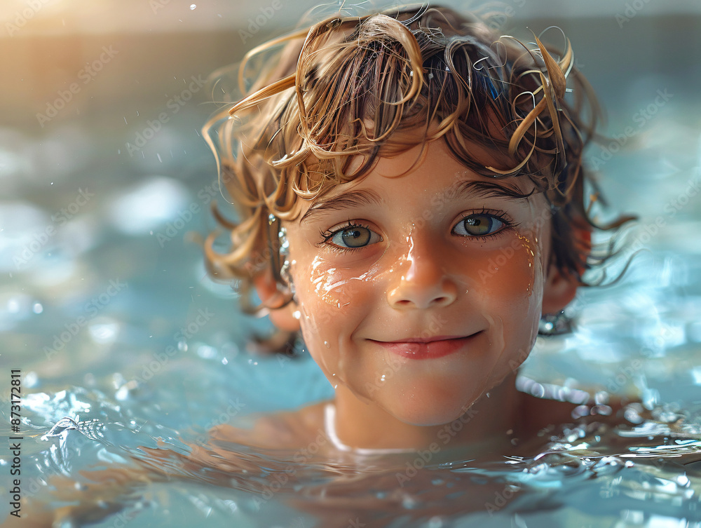 a young girl smiling while in a swimming pool. Her hair is wet, and she is wearing a blue swimsuit. a young girl smiling while in a swimming pool. Her hair is wet, and she is wearing a blue swimsuit.