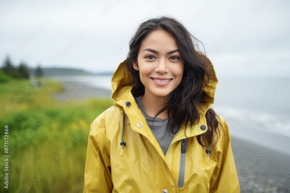 Portrait of a happy asian woman in her 20s sporting a waterproof rain jacket isolated on serene seaside background Portrait of a happy asian woman in her 20s sporting a waterproof rain jacket isolated on serene seaside background