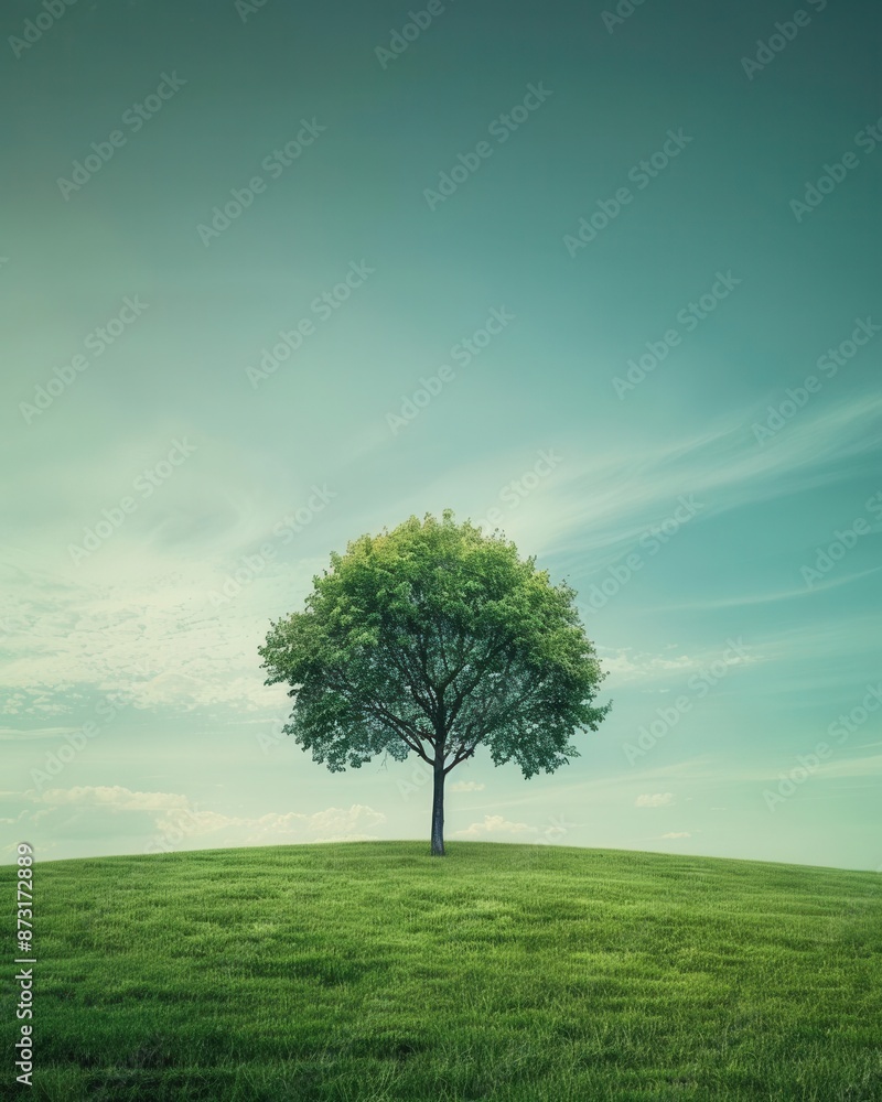 Fototapeta premium Arbol solitario en un prado verde, cielo despejado, espacio para texto en la parte superior, luz natural