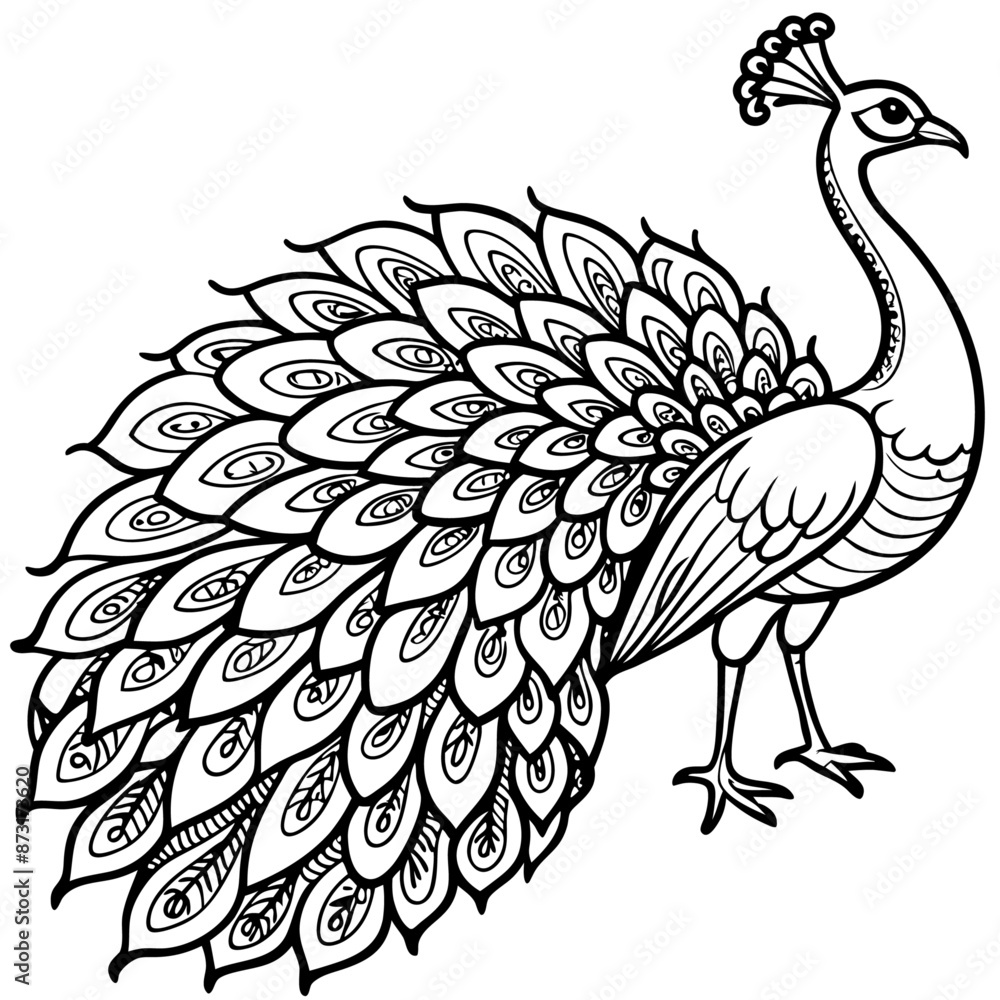 Fototapeta premium Beautiful Hand drawn Peacock bird, Stock Illustratio