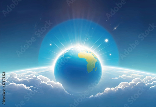 a world with the sun shining on it with fluffy clouds and the sin rays forming an arc