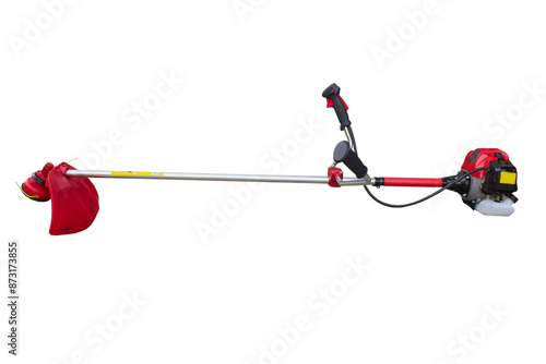 brush cutter on a white background, new red brush cutter for cutting grass and weeds