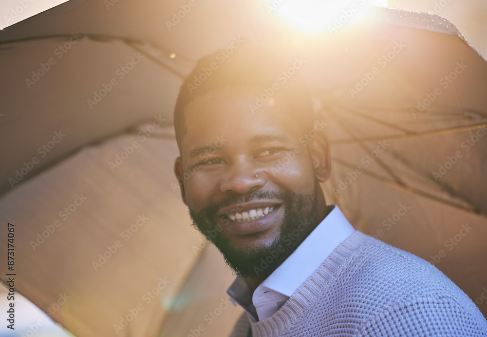 Umbrella, black man and smile in morning, travel and walking to business in weather and corporate. Commuting, employee and outdoor in Chicago, journey and accountant in rain, waterproof and happy Umbrella, black man and smile in morning, travel and walking to business in weather and corporate. Commuting, employee and outdoor in Chicago, journey and accountant in rain, waterproof and happy