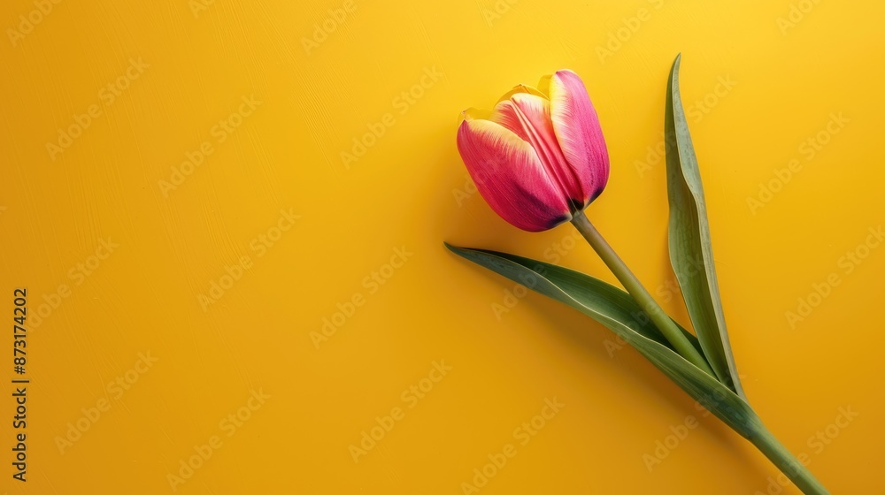 Pink tulip on yellow background top view with copy space for spring holiday Pink tulip on yellow background top view with copy space for spring holiday