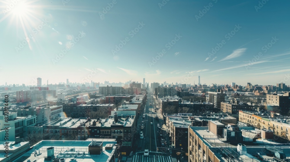 Obraz premium A cityscape at midday, with clear skies and bright sunlight casting sharp shadows on the city streets and rooftops.