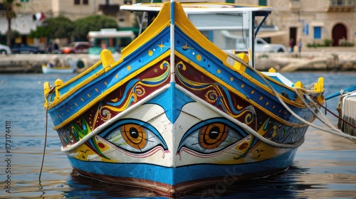 Maltese fishing boat with a colorful eye motif and blue and yellow front wooden design