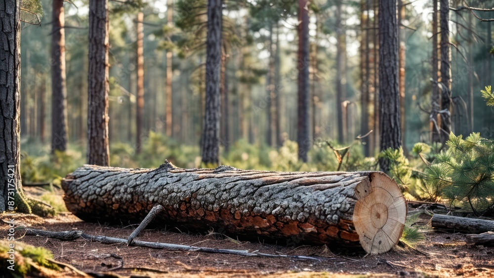 Obraz premium an empty log sitting in some pine forest,