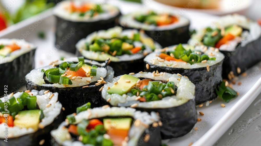 Close up photo of vegan sushi rolls with avocado veggies and soy nut dressing on white dish Concept of healthy organic plant based food Close up photo of vegan sushi rolls with avocado veggies and soy nut dressing on white dish Concept of healthy organic plant based food
