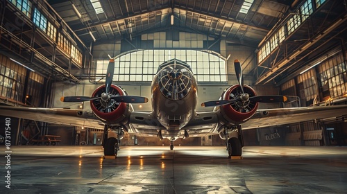 Vintage aircraft in a hangar, showcasing classic design and engineering amidst an industrial setting with dramatic lighting. photo