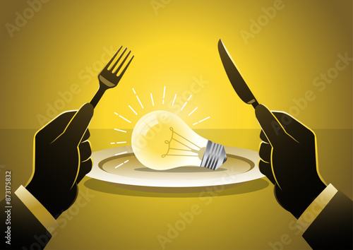 Businessman hand hold Fork and knife ready to eat a light bulb served on plate