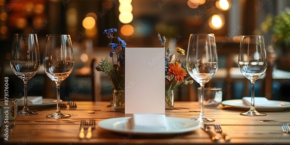 Luxury Restaurant Menu Invitation Card Mockup for Weddings and Romantic Events, Blank Card for Menu Design Surrounded by Wine Glasses and Fine Dishes in an Upscale Restaurant Luxury Restaurant Menu Invitation Card Mockup for Weddings and Romantic Events, Blank Card for Menu Design Surrounded by Wine Glasses and Fine Dishes in an Upscale Restaurant