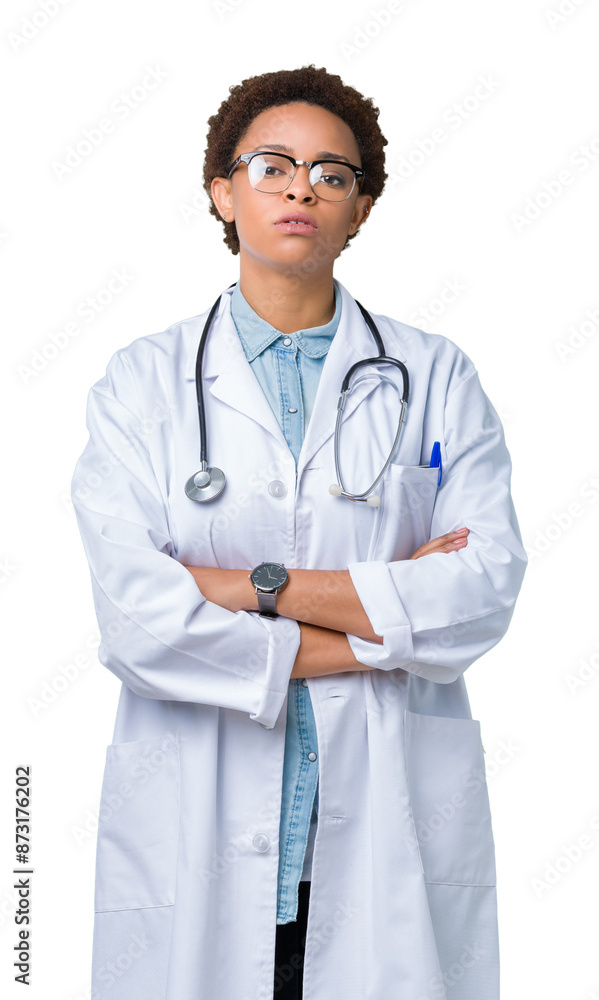 Young african american doctor woman wearing medical coat over isolated background skeptic and nervous, disapproving expression on face with crossed arms. Negative person. Young african american doctor woman wearing medical coat over isolated background skeptic and nervous, disapproving expression on face with crossed arms. Negative person.
