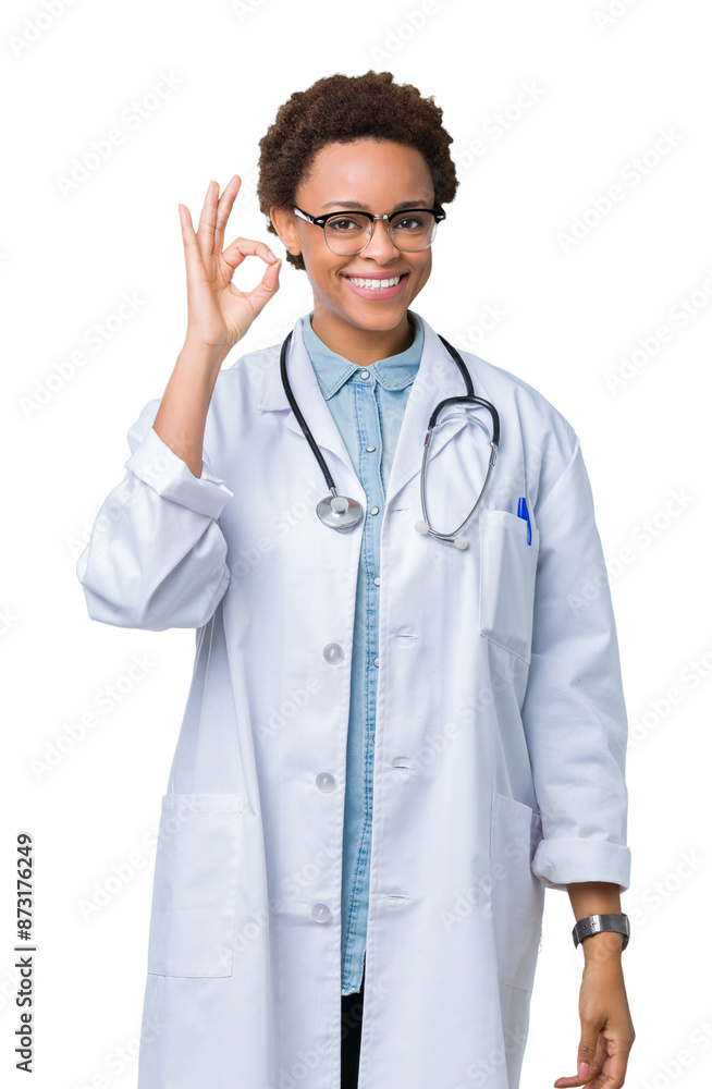 Fototapeta premium Young african american doctor woman wearing medical coat over isolated background smiling positive doing ok sign with hand and fingers. Successful expression.