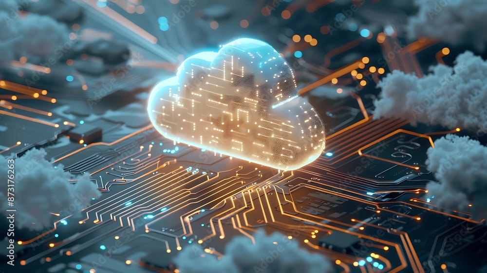 Glowing Cloud Storage Technology on Circuit Board Glowing Cloud Storage Technology on Circuit Board