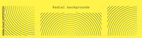 Sound wave irradiation or circular vibrations on the water surface. Set or circular stripe backgrounds. Abstract radial pattern. Square and rectangular monochrome backdrops. Vector illustration.