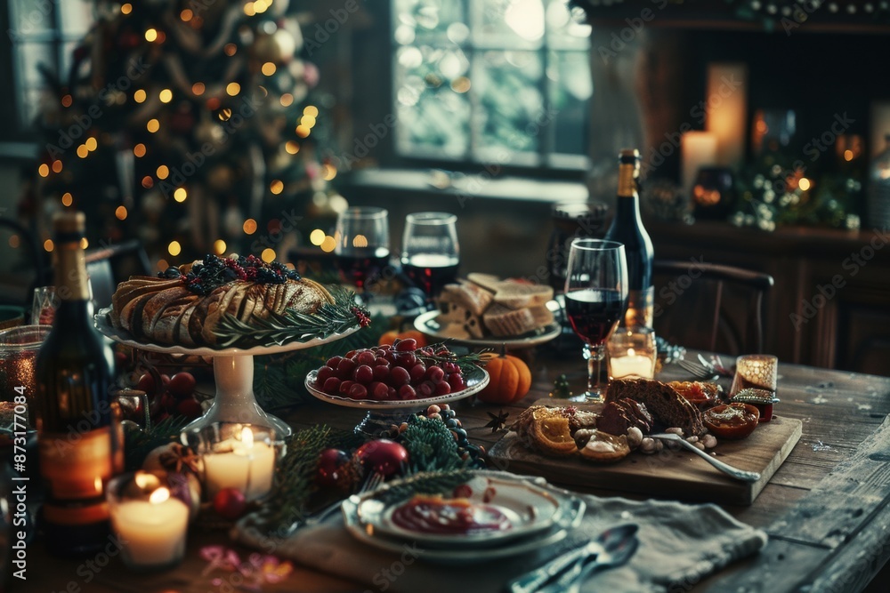 A beautifully decorated table set for a festive meal with a variety of dishes and drinks. The atmosphere is warm and inviting, perfect for a special occasion.