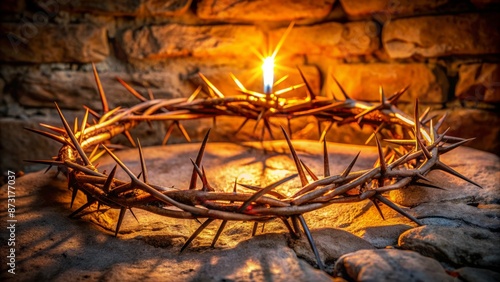 A hauntingly illuminated crown of thorns rests upon a rugged, worn stone wall, symbolizing Jesus' profound sacrifice and unwavering faith.