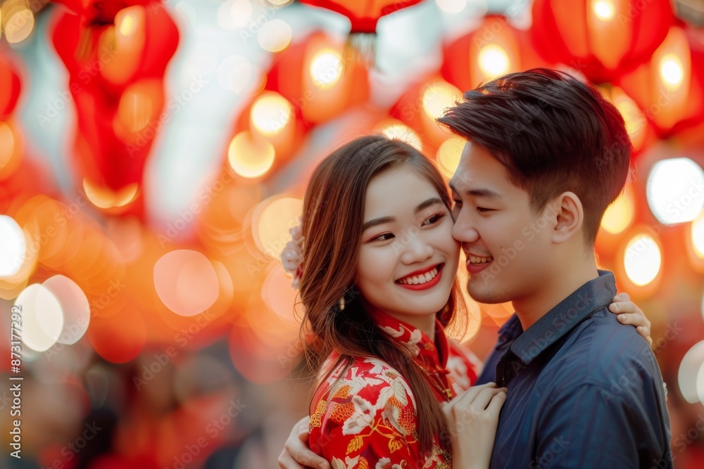 A couple embraces during Chinese New Year celebration. Festive red lanterns and bokeh lights create a romantic, joyful atmosphere. A couple embraces during Chinese New Year celebration. Festive red lanterns and bokeh lights create a romantic, joyful atmosphere.
