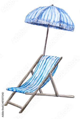 Photography A watercolor illustration of a blue striped deck chair and umbrella