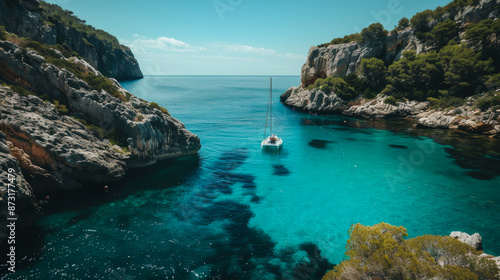 Natural landscape on a blue lagoon among rocks with modern yachts. View of the sea bay with turquoise water. Nature concept.