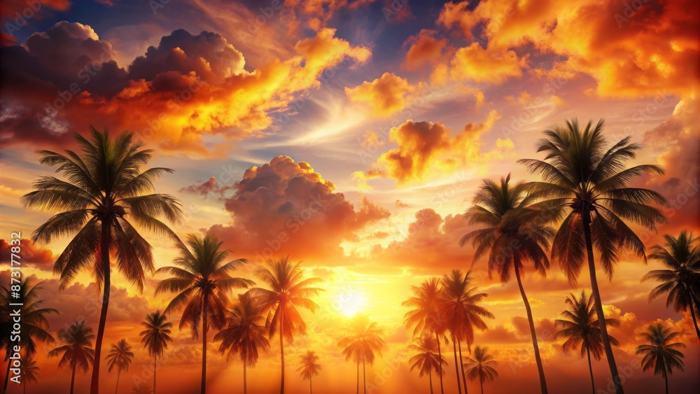 Vibrant orange sunset backdrop with fluffy white clouds, palm trees, and a subtle texture, perfect for International Children's Day designs. Vibrant orange sunset backdrop with fluffy white clouds, palm trees, and a subtle texture, perfect for International Children's Day designs.