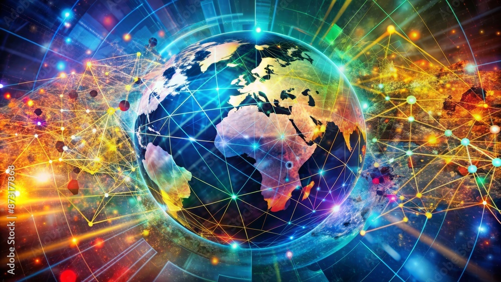 Vibrant, diverse, abstract mosaic of global connections, technology, and unity, set against a kaleidoscope of colors, minus human presence.