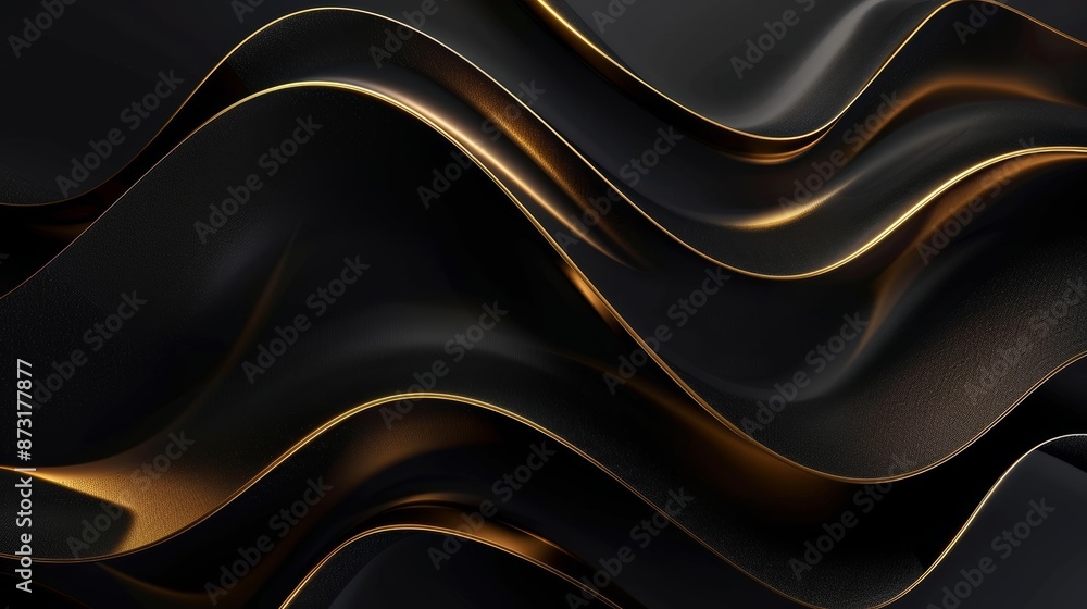 Obraz premium Black background, golden lines in the shape of waves, simple and elegant style, dark gold and black color scheme, highend texture, flowing curves, linear perspective composition, delicate details, lig