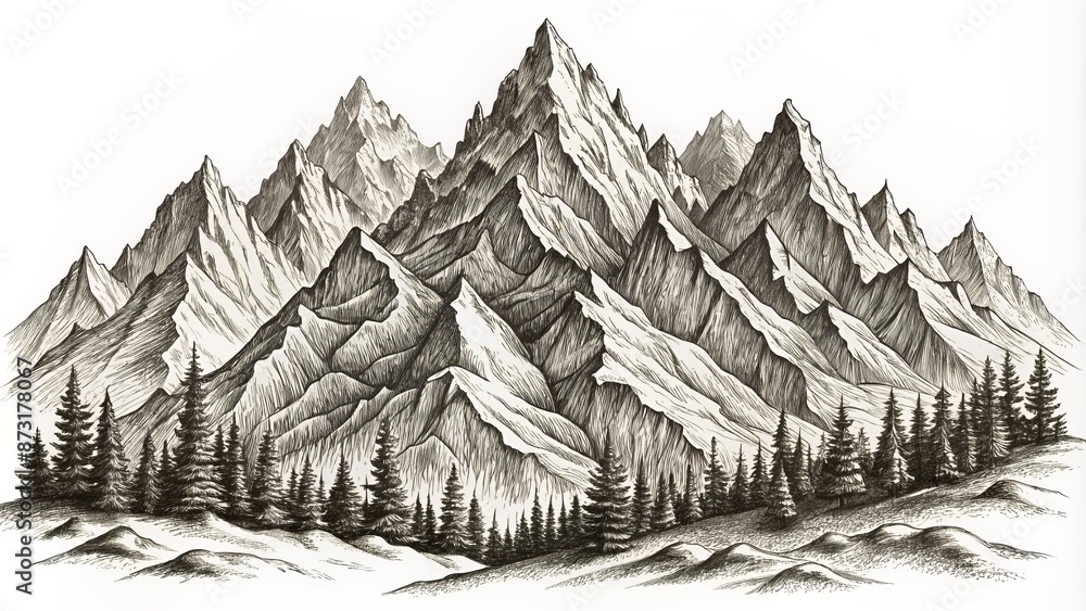 Fototapeta premium Stunning hand-drawn sketch of majestic rocky mountain peaks on white background featuring intricate vector landscape illustration in striking black lines.
