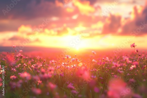 A breathtaking sunset over a meadow filled with wildflowers