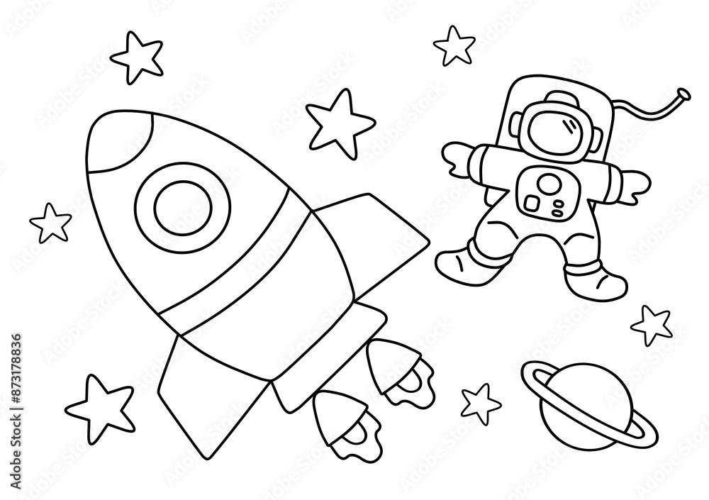 Spacecraft and astronaut coloring pages for kids. Painting for