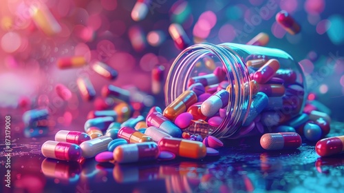 Jar full of colorful medicine and pills, jar overturned with pills spilling out, dynamic and engaging, illustration background photo
