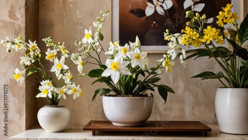 Wallpaper Mural  some white with yellow flowers in the middle of it's foliages sitting on a shelf on a table, next to another plant, also there is a brown wall, Torontodigital.ca