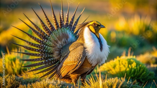 Majestic male Greater Sage-Grouse displaying vibrant plumage and intricate courtship display on a lush green lek in southeastern Wyoming. photo