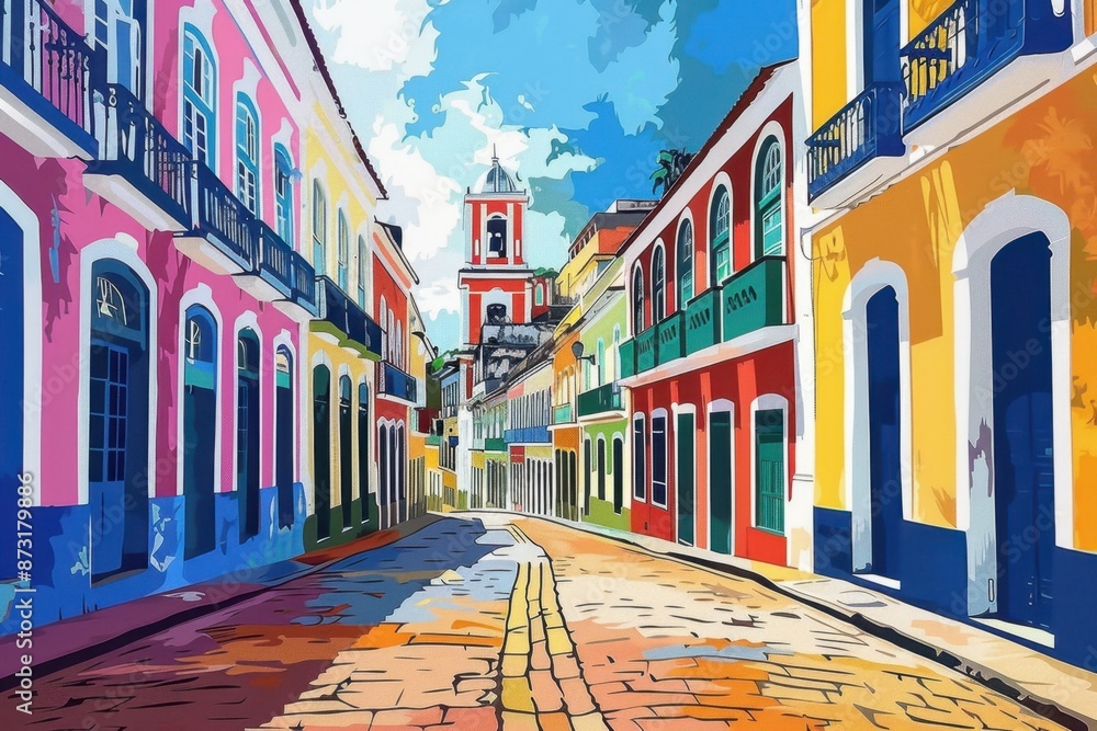 Fototapeta premium Colorful Illustration of Historic Houses in Pelourinho, Salvador