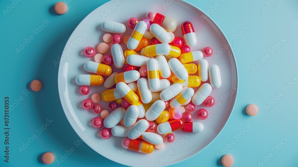 Photorealistic top view shot of a white plate filled with colorful medicine pills on a blue background, octane render, ultra realistic, 4k, illustration background Photorealistic top view shot of a white plate filled with colorful medicine pills on a blue background, octane render, ultra realistic, 4k, illustration background