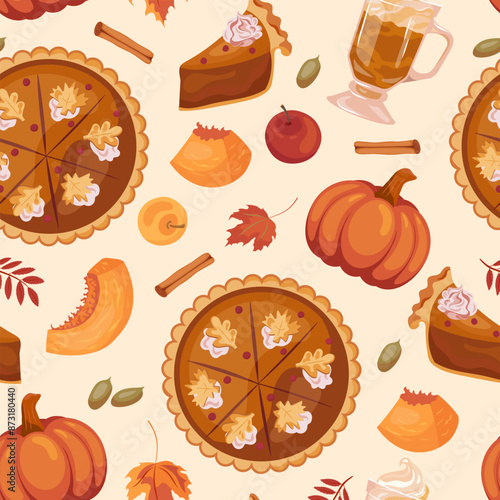 Vector seamless Thanksgiving pumpkin pie pattern with pumpkin latte, cinnamon and apples. Template page design traditional American cake. Background for wallpaper, packaging, wrapping paper.