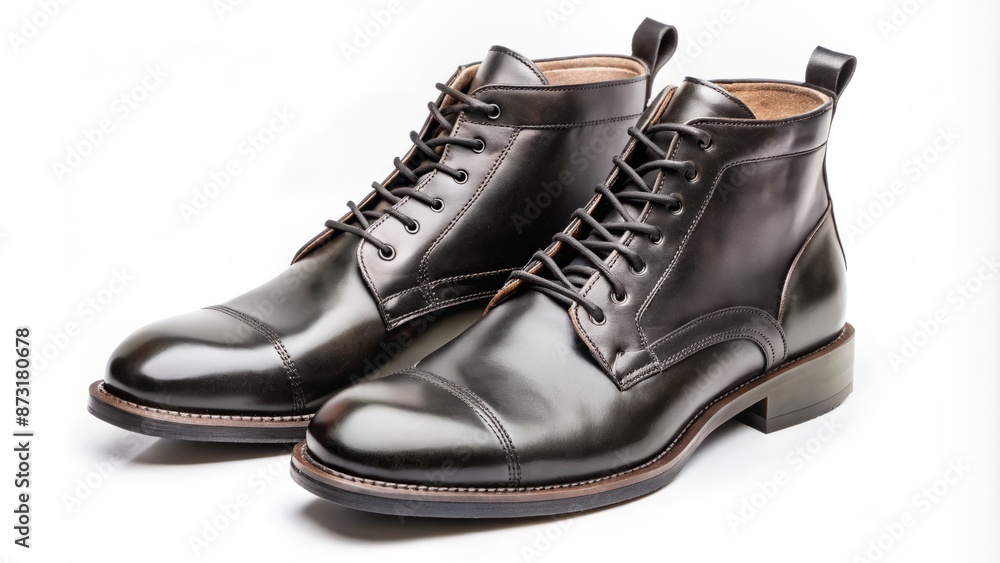 High-angle shot of a pair of sleek, black, leather, lace-up, ankle boots isolated on a clean, white, studio background. High-angle shot of a pair of sleek, black, leather, lace-up, ankle boots isolated on a clean, white, studio background.