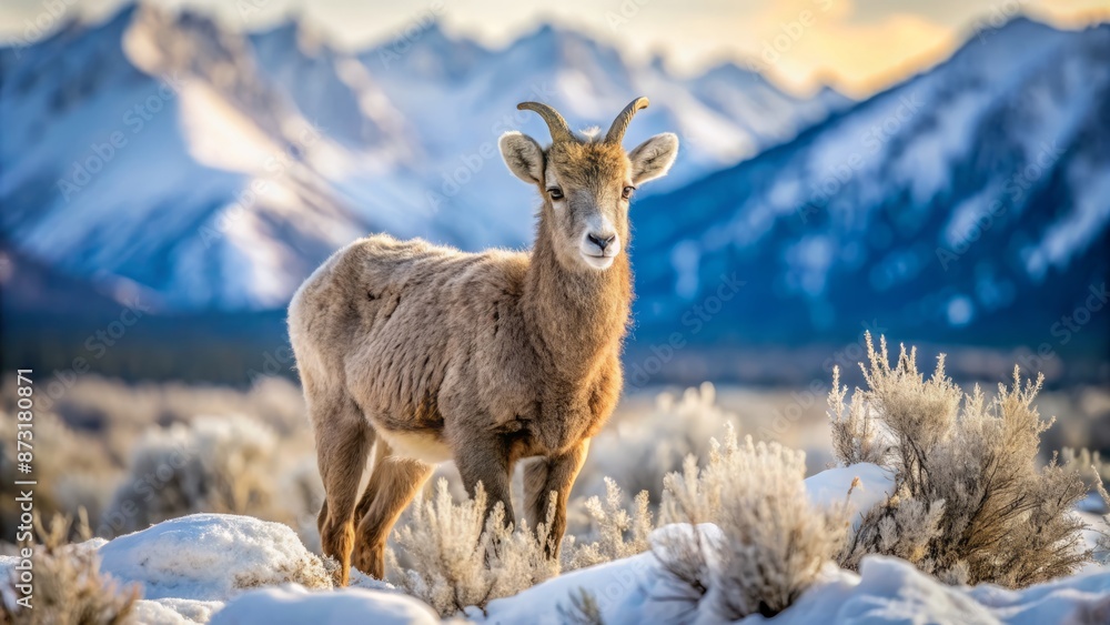 Majestic baby bighorn sheep with soft fur and curious eyes stands alone in snow-covered Grand Teton National Park landscape winter wonderland. Majestic baby bighorn sheep with soft fur and curious eyes stands alone in snow-covered Grand Teton National Park landscape winter wonderland.