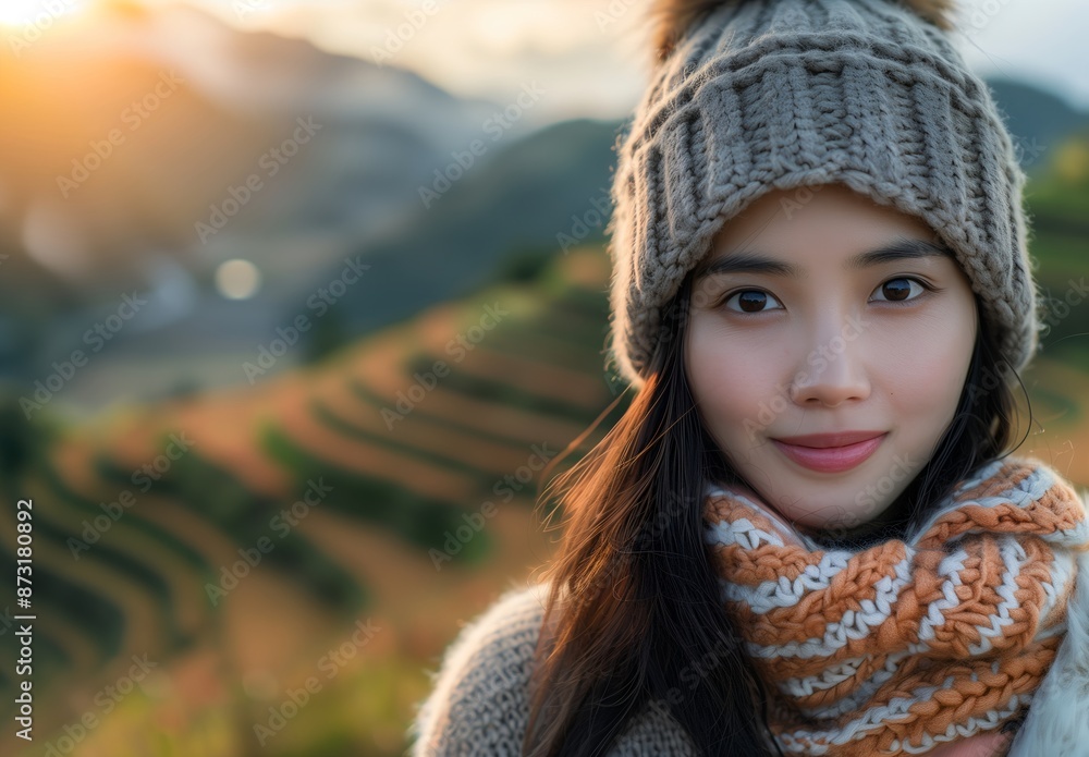 Portrait of an Asian woman wearing winter hat and jacket, smiling at the camera with rice terrace fields in background during sunset. Young asian girl traveler backpacker traveling adventure concept. Portrait of an Asian woman wearing winter hat and jacket, smiling at the camera with rice terrace fields in background during sunset. Young asian girl traveler backpacker traveling adventure concept.